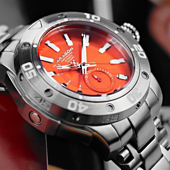 NEW! ARAGON Power Reserve Watch Automatic Orange Dial 44mm SuperJet NE57 - Picture 5 of 12